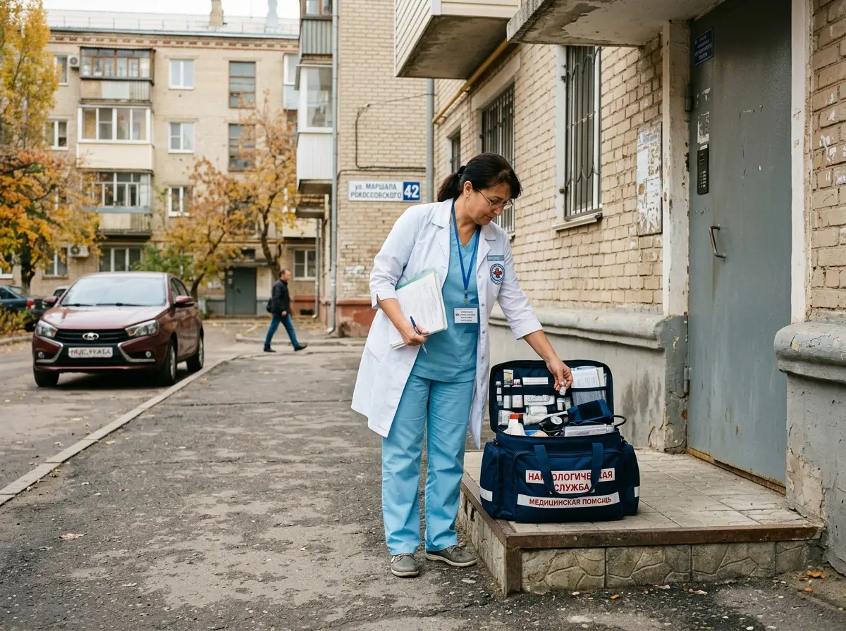 Врач-нарколог с медицинским чемоданчиком готовится к выезду на дом в Волгограде, профессиональный медицинский специалист в светлой рабочей одежде