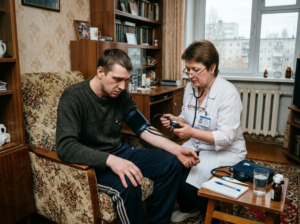 Врач-нарколог осматривает пациента с абстинентным синдромом, измеряет давление, домашняя обстановка в Волгограде