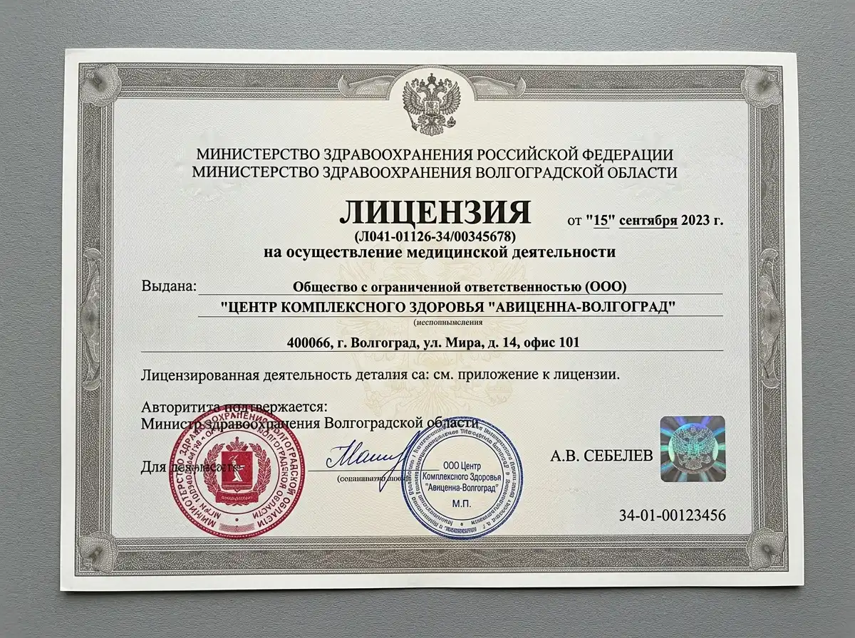Официальный документ — лицензия на осуществление медицинской деятельности от Министерства здравоохранения Волгоградской области, серый фон, государственная печать