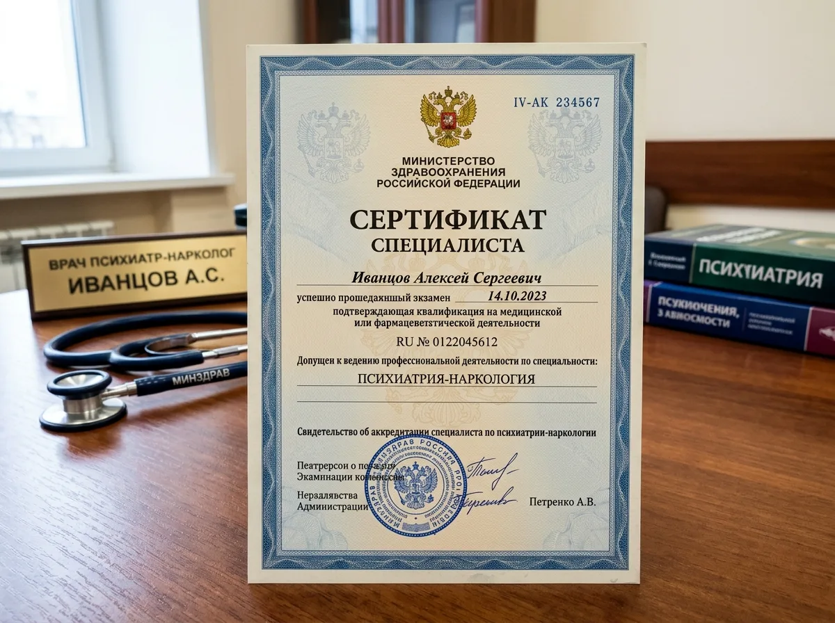 Сертификат врача-нарколога государственного образца, профессиональный документ об аккредитации специалиста по психиатрии-наркологии